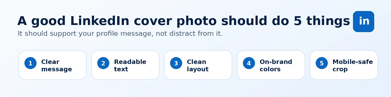 Good LinkedIn cover photo checklist showing clear message readable text clean layout on brand colors and mobile safe crop