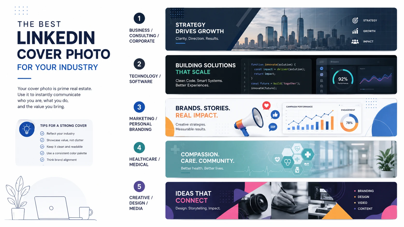 LinkedIn cover photo ideas by industry including business technology marketing healthcare and creative examples