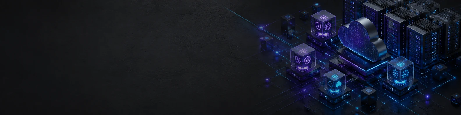 IT professional LinkedIn cover with dark server nodes, cloud architecture cubes, violet and cyan circuitry, and a clean empty left profile area