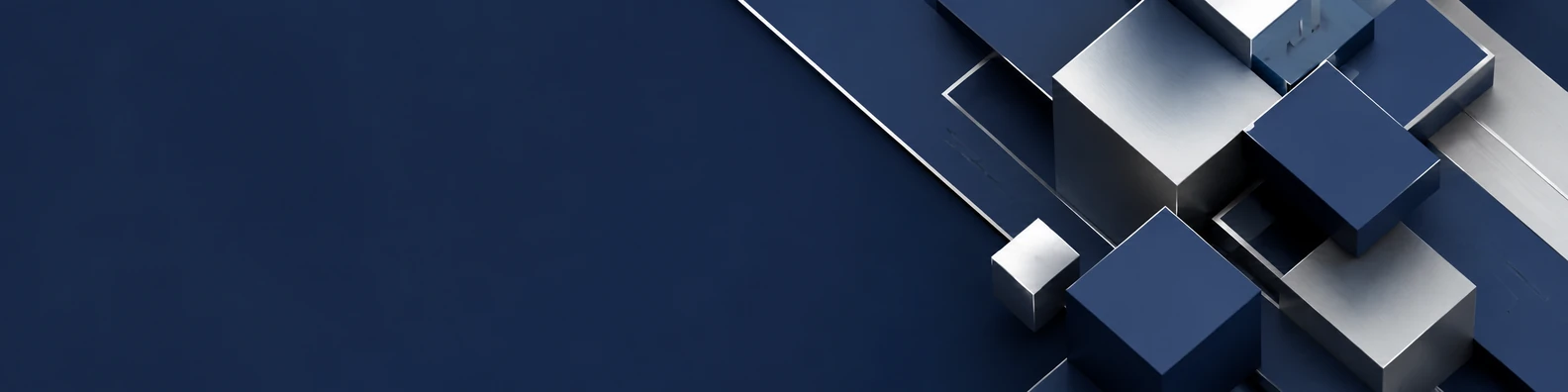 Overlapping navy and platinum cubes clustered on the right with clean navy space on the left
