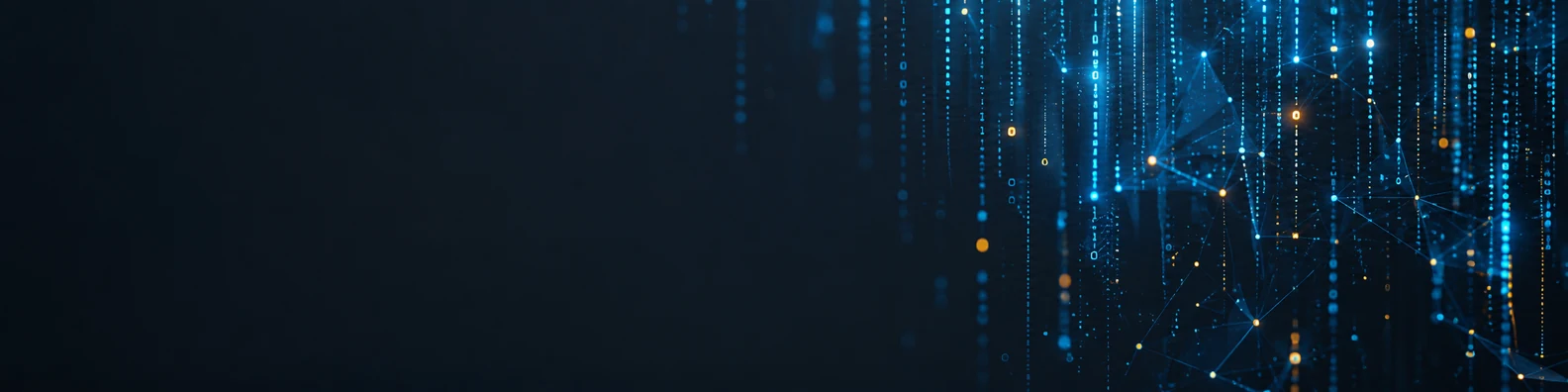 Glowing vertical code streams and abstract data markers on a deep charcoal technology background