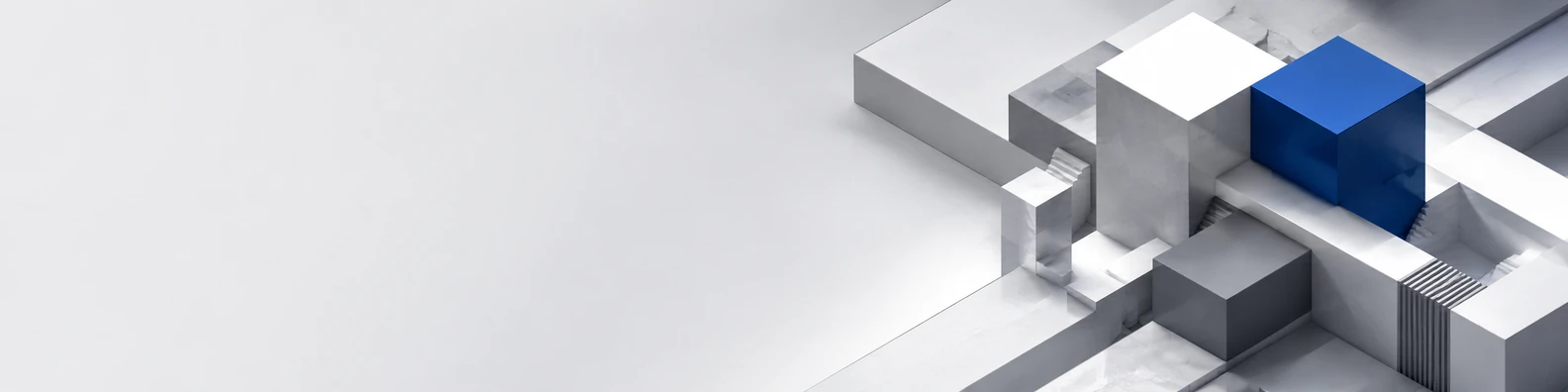 Isometric white and gray architectural blocks with a single blue accent on the right and clean space on the left