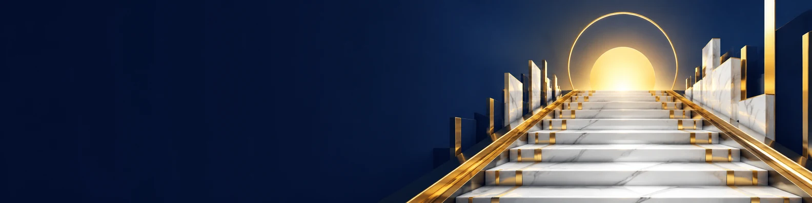 Inspirational business LinkedIn cover with white marble stairs, gold borders, glowing sun horizon, and empty navy space on the left