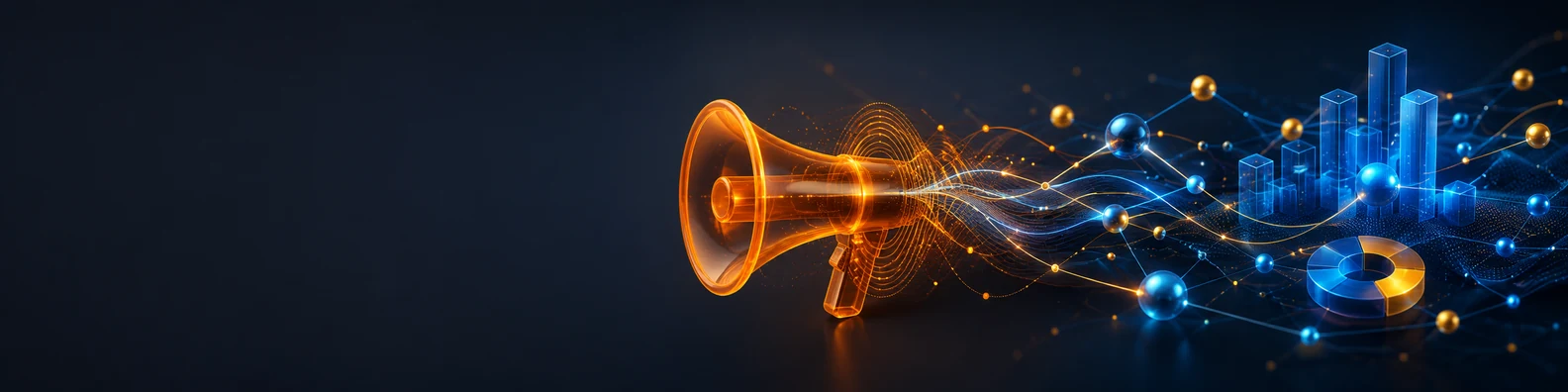 Marketing analytics LinkedIn cover with orange megaphone, sapphire blue data nodes, gold metrics, and clean dark profile-safe area on the left